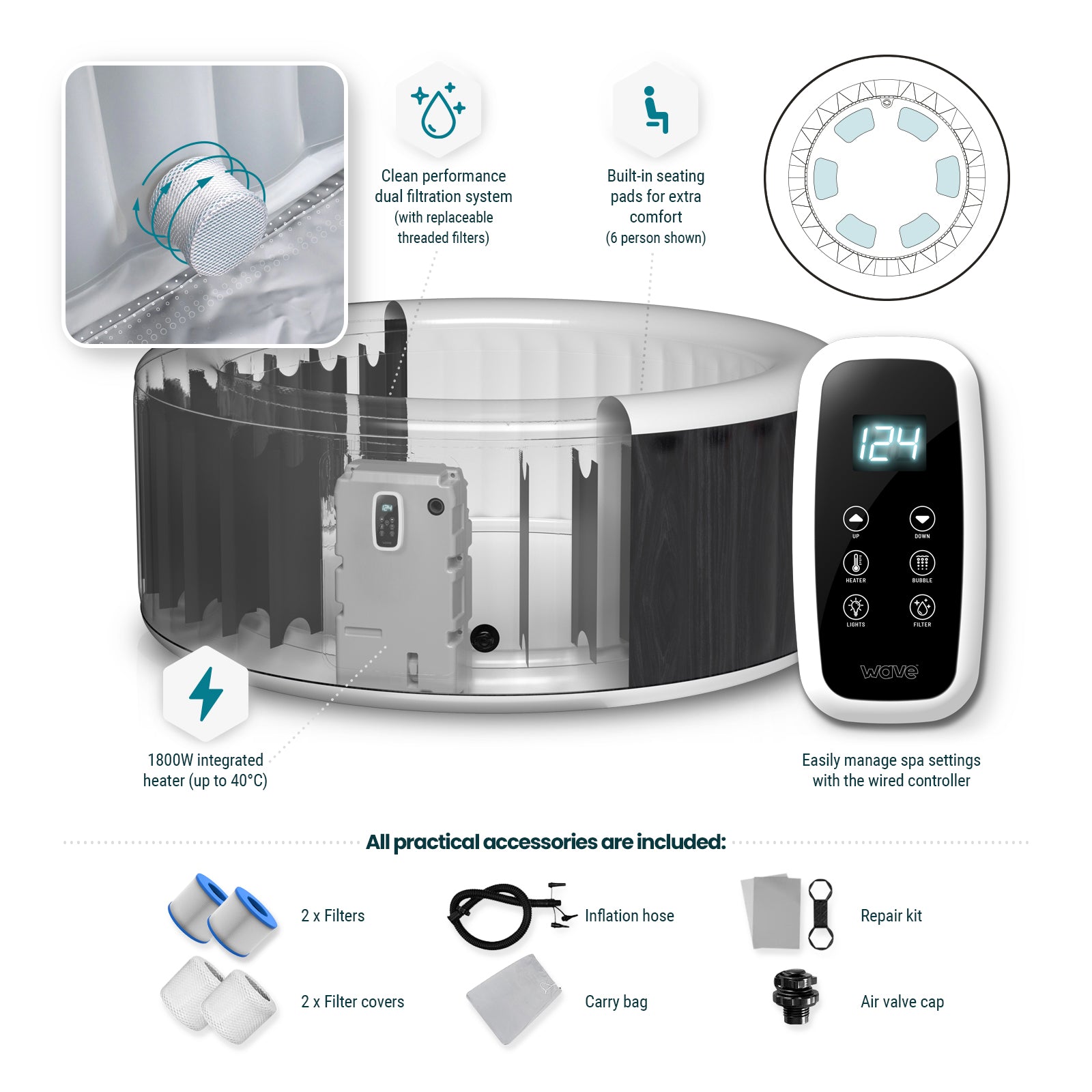 Atlantic | 4/6-Person Inflatable Hot Tub | Built-In Integrated Heater | UKCA