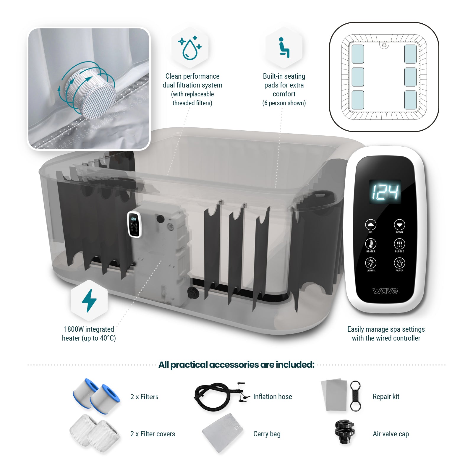 Pacific | 4/6-Person Inflatable Hot Tub | Built-In Integrated Heater | UKCA
