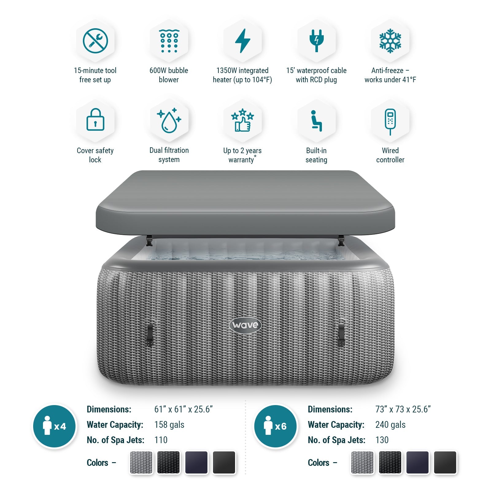 Pacific | 4/6-Person Inflatable Hot Tub | Integrated Heater | ETL