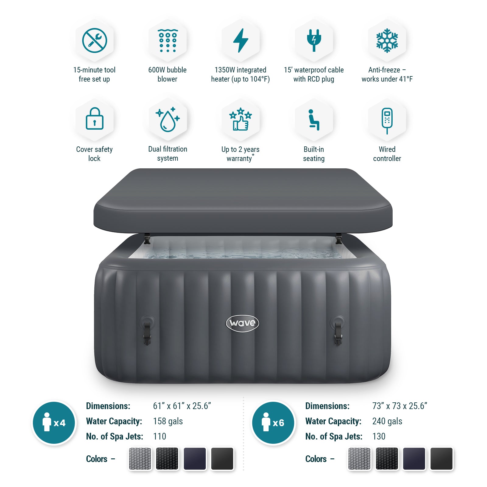 Pacific | 4/6-Person Inflatable Hot Tub | Built-In Integrated Heater | ETL