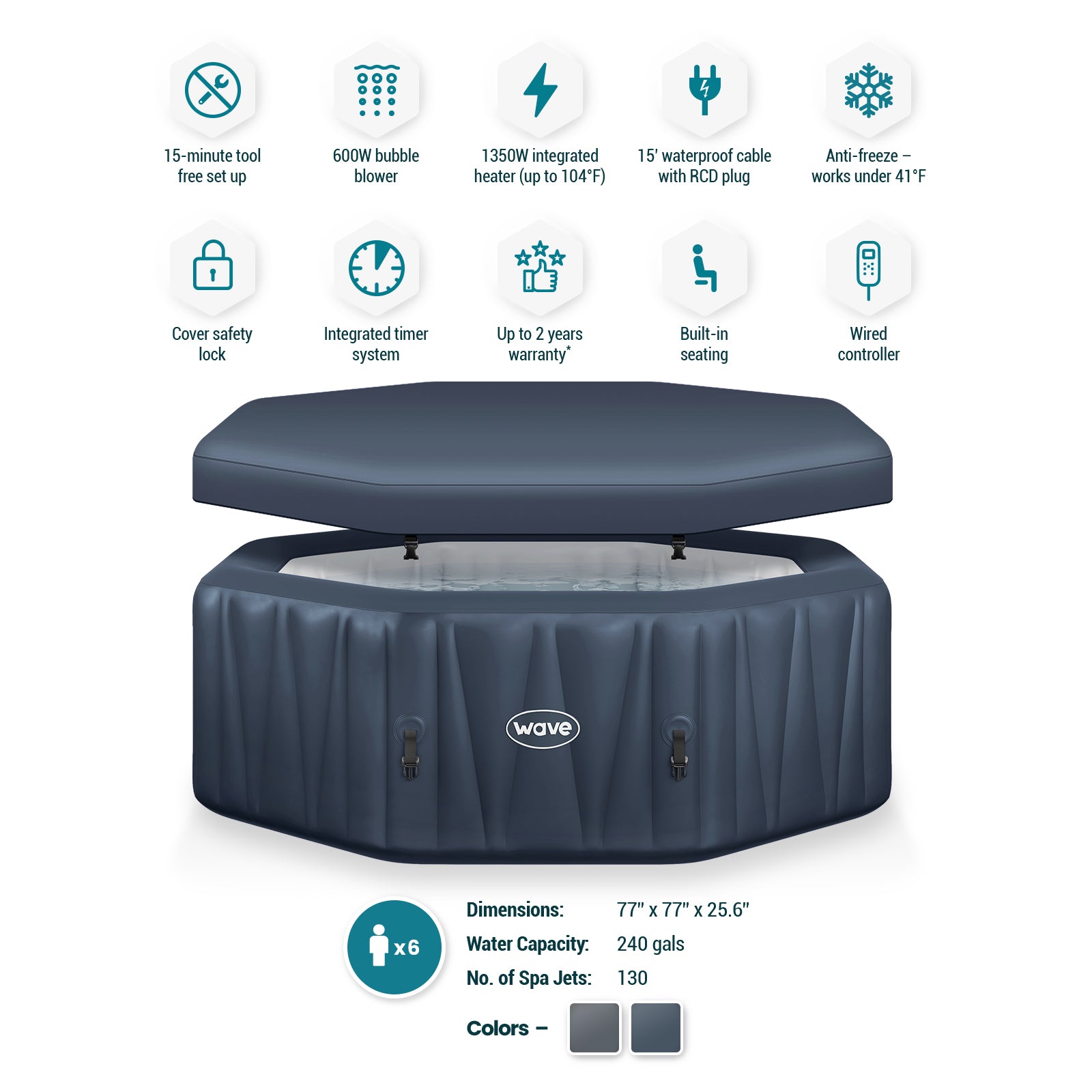 Aegean | 6-Person Inflatable Hot Tub | Built-In Integrated Heater | ETL