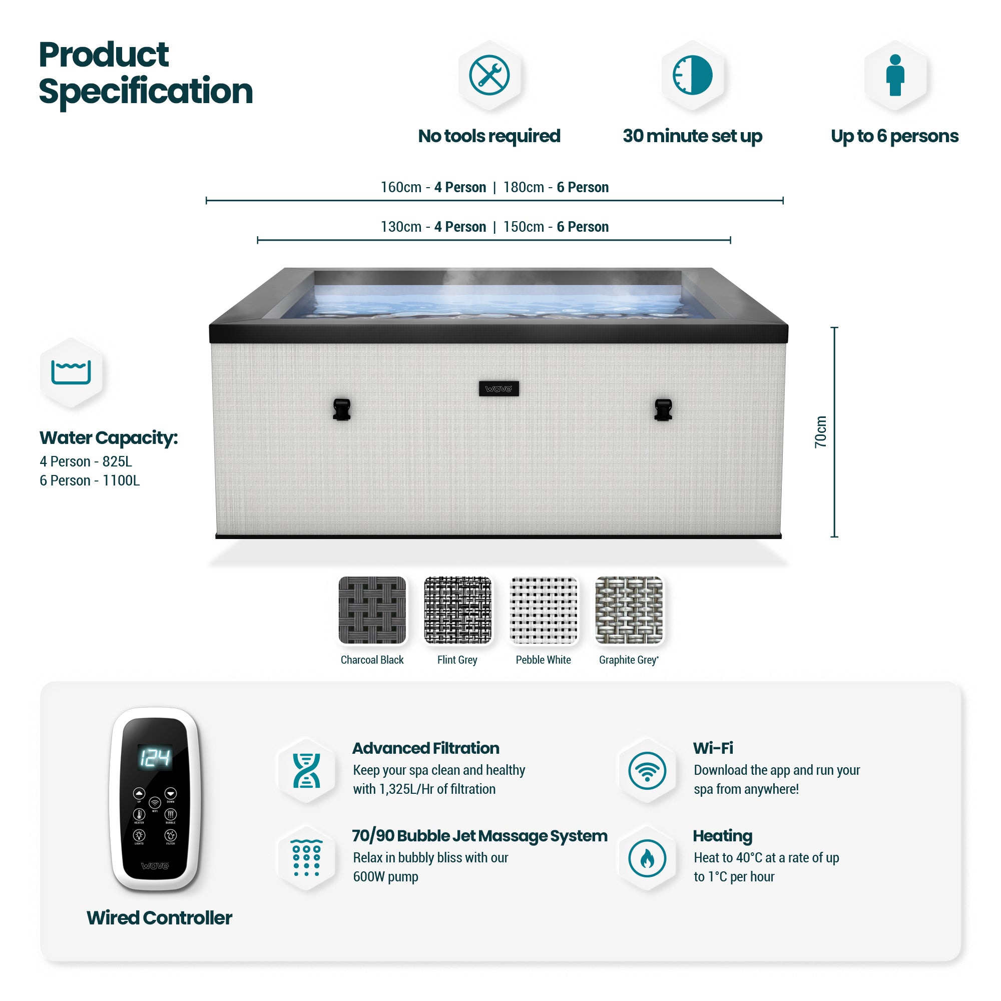 Garda | 4/6-Person Eco Foam Hot Tub | Built-In Integrated Heater | Flint Grey - Wave Spas UK