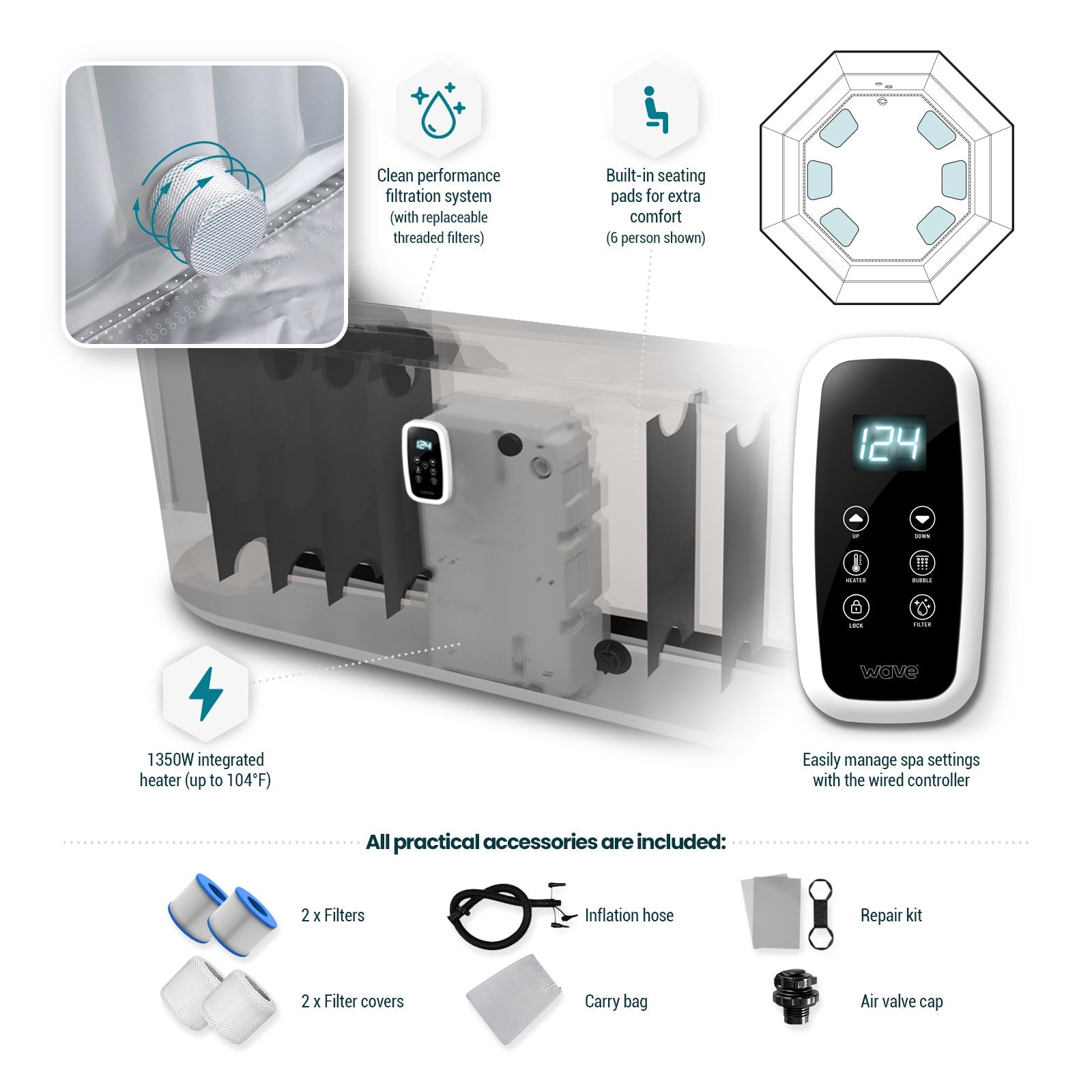 Aegean | 6-Person Inflatable Hot Tub | Integrated Heater | ETL