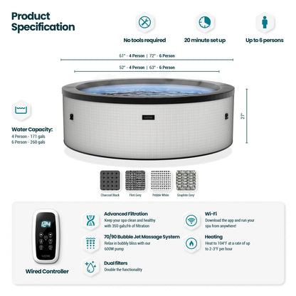 Tahoe | 4/6-Person Eco Foam Hot Tub | Built-In Integrated Heater | Flint Gray - Eco Foam Spas - Wave Spas USA