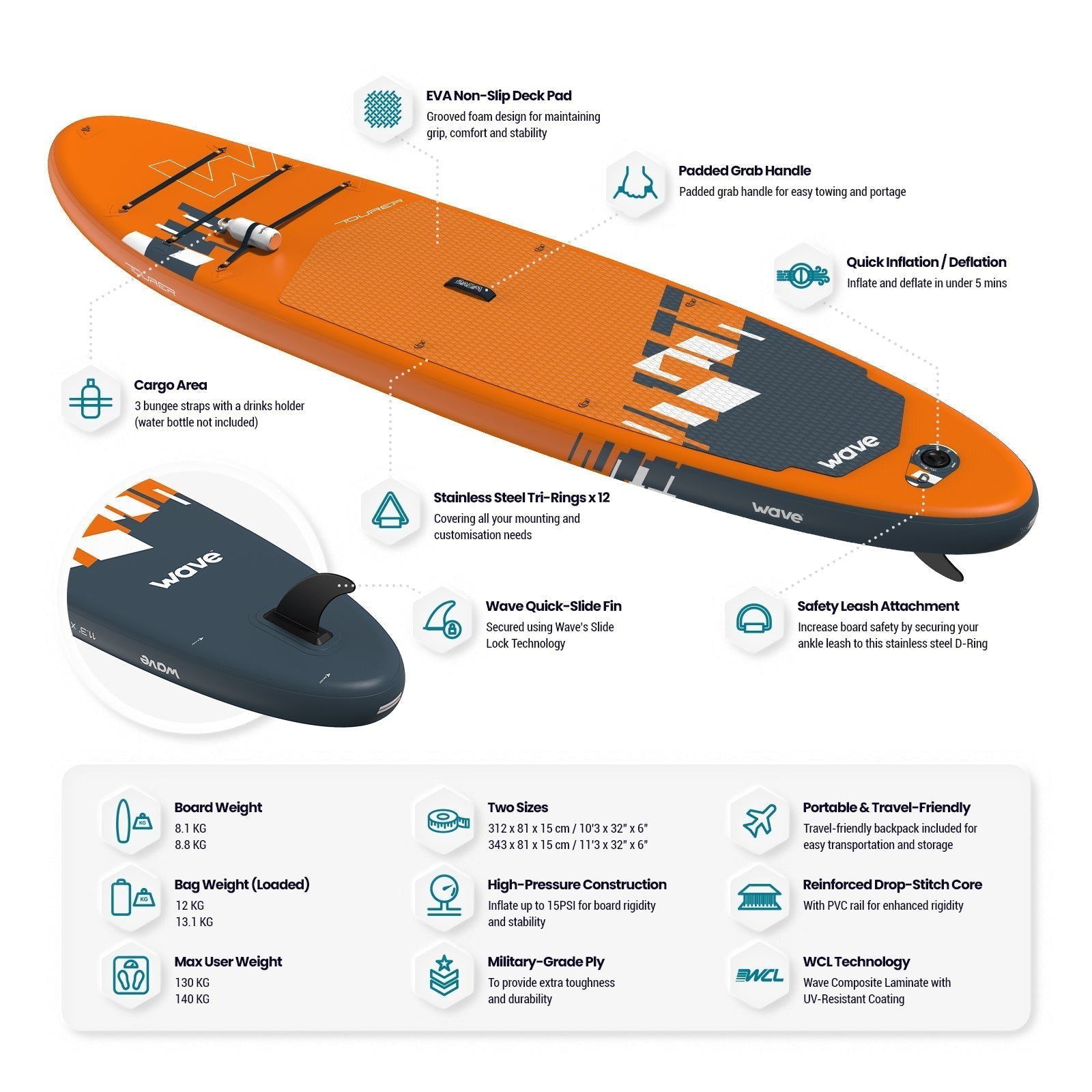 Tourer 2.0 SUP | Inflatable Paddleboard | 10'3/11'3ft | Orange - Wave Spas UK