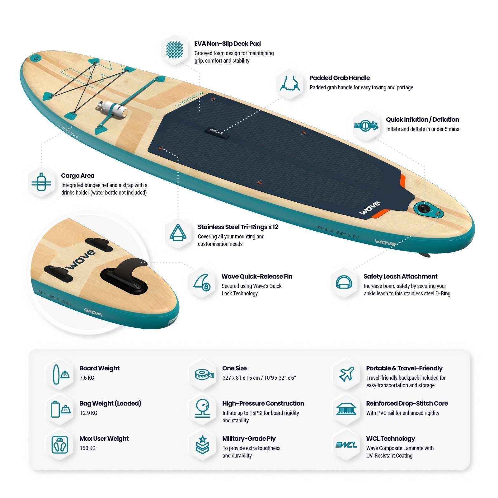 Woody 2.0 SUP | Inflatable Paddleboard | 10'9ft | Aqua - Wave Spas UK