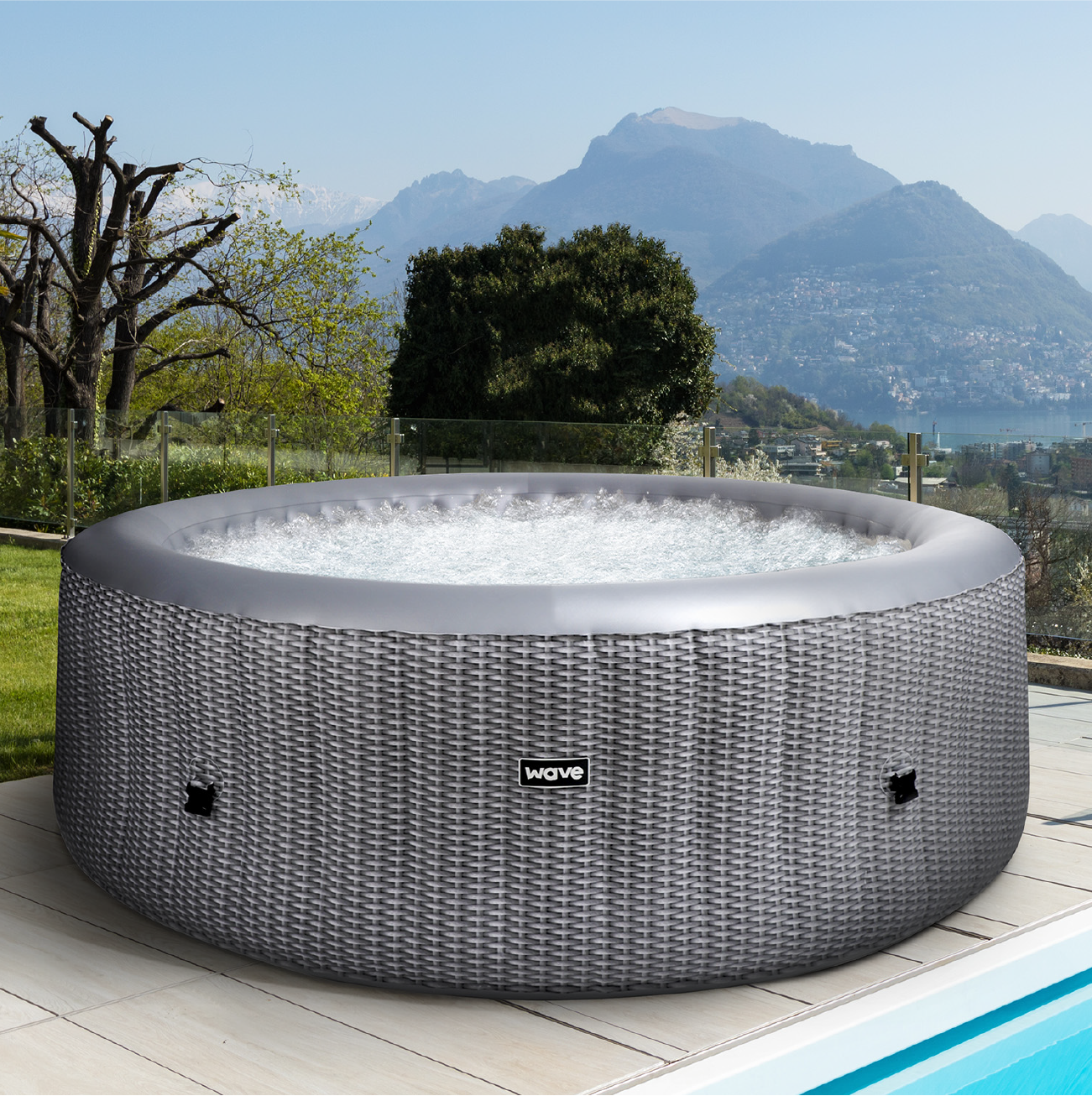 Wave Atlantic Plus 6 Person Inflatable Hot Tub, 140 Massaging Air Jets, Grey Rattan - Wave Spas Inflatable, foam Hot Tubs