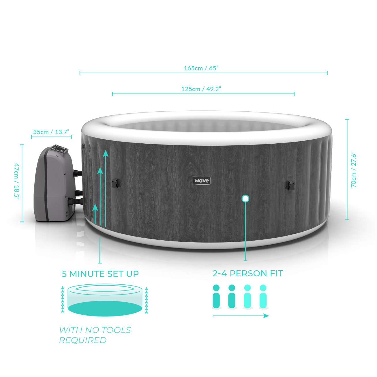 Wave Atlantic 4 Person Round Inflatable Hot Tub, 105 Massaging Air Jets, Grey Wood - Wave Spas Inflatable, foam Hot Tubs