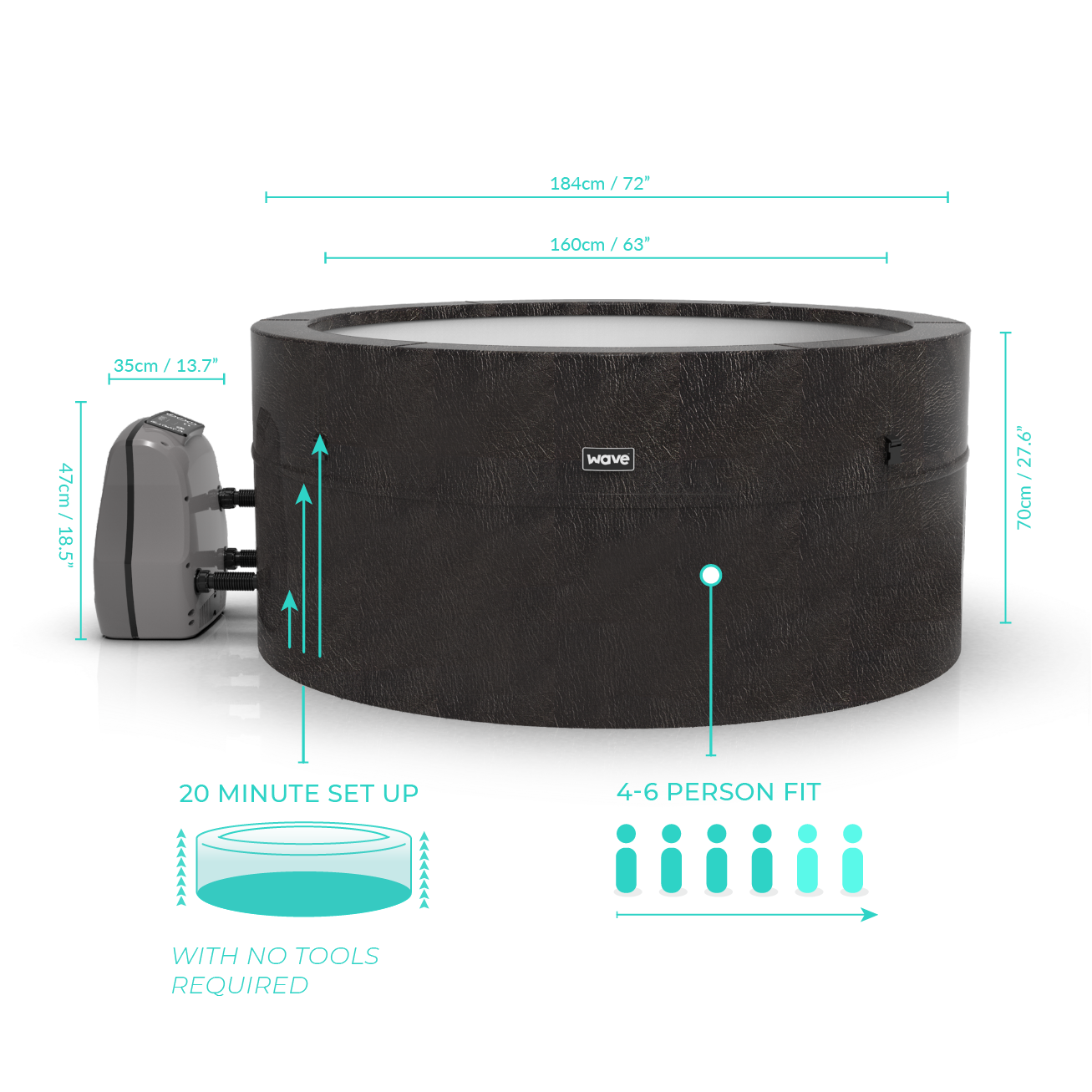 Wave Osaka 6 Person Rigid Foam Hot Tub, Thermal Efficient, Insulated Spa, Charcoal Grey - Wave Spas Inflatable, foam Hot Tubs