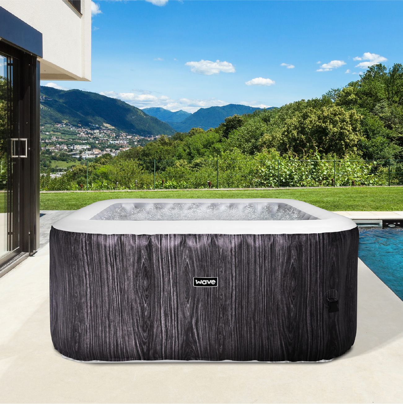 Wave Pacific 4 Person Square Inflatable Hot Tub, 95 Massaging Air Jets, Grey Wood - Wave Spas Inflatable, foam Hot Tubs